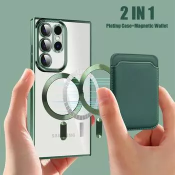 Кожаный кошелек Magsafe, магнитный чехол для Samsung S24Ultra S23 Plus, защитный чехол для беспроводной зарядки For S21 темно-фиолетового