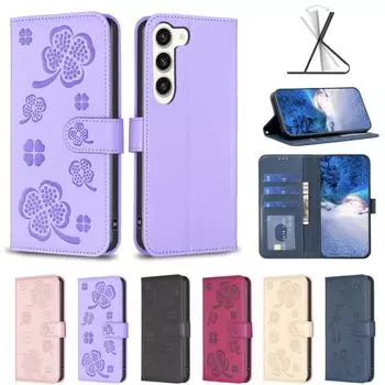 Кожаный кошелек с четырьмя листами клевера, чехол для телефона с картой, откидная крышка для всех моделей iPhone для Samsung Galaxy S24 S23 S22 Plus S21 S20 Ultra A32 A24 A25 A73 Samsung A03 166mm EU розы красного