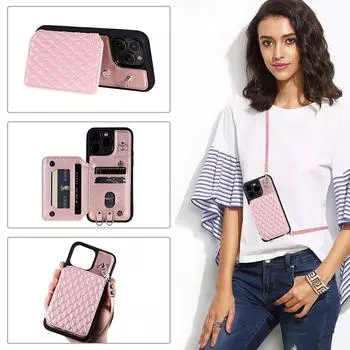 Кожаный кошелек с отделением для карт через плечо и магнитным чехлом для iPhone 15 14 Plus 13 12 Pro Max 11 XR 8 7 6S Plus/Samsung S23 S22Ultra Plus S21 A14 A54 A53 iPhone 6/6S чёрный