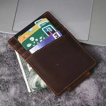 Кожаный кошелек с зажимом для денег для мужчин, тонкий передний карман, блокировка RFID коричневый