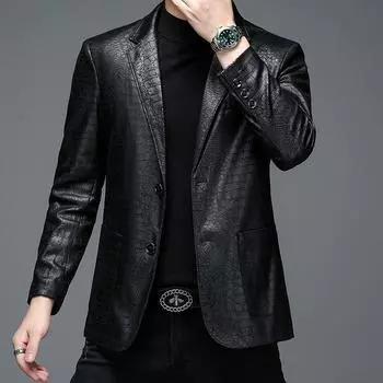 Кожаный костюм, мужской деловой костюм со змеиным тиснением, высококачественный мужской пиджак большого размера из искусственной кожи, деловой джентльменский свадебный пиджак из искусственной кожи M чёрный