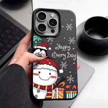 Кожаный мягкий чехол из ТПУ с новогодним рождественским пингвином и снеговиком для iPhone 16 Pro 15 14 13 12 Pro Max 11, однотонный матовый ударопрочный тонкий чехол iPhone 16 чёрный