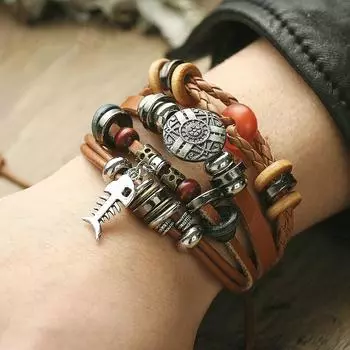 Кожаный мужской браслет в стиле бохо, подвески, турецкий глаз, многослойный браслет с перьями, вечерние ювелирные изделия, подарок S008-1