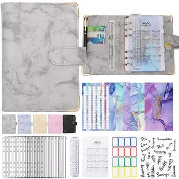 Кожаный переплет A6, бюджетный переплет, денежный конверт, экономия денег, мраморный блокнот розовый