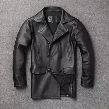 Кожаный плащ мужской, средний и длинный, первый слой, двубортный, из коровьей кожи, локомотивный костюм, однотонное кожаное пальто M