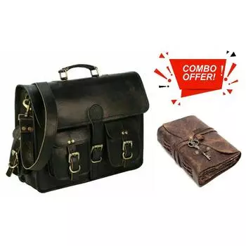 Кожаный портфель для ноутбука Goat Messenger, мужской портфель через плечо, винтажный черный, новый, настоящий. С комбинированным кожаным дневником 11 x 15 in чёрный