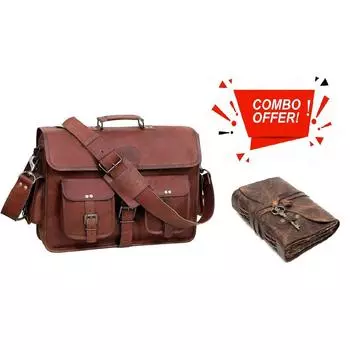 Кожаный портфель, сумка для ноутбука, сумка-мессенджер, 16 дюймов, лучшая кожаная сумка ручной работы, коричневая, большая . С комбинированным кожаным дневником 16 x 12 x 5 in коричневый