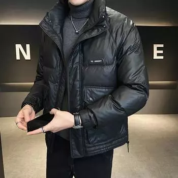 Кожаный пуховик для мужчин зимой, новое мужское модное брендовое молодежное зимнее пальто с толстым воротником-стойкой M