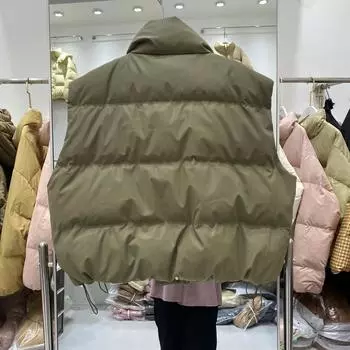 Кожаный пуховый жилет женский 2024 зима новый модный воротник-стойка утолщенный хлеб одежда верхняя одежда жилет короткое пальто прилив average size бежевый