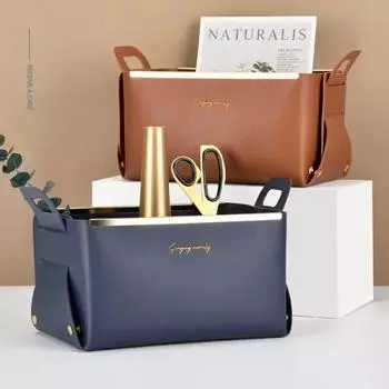 Кожаный ящик для хранения, настольный держатель для кистей для макияжа, креативный складной поднос с ручкой, настольный держатель-органайзер