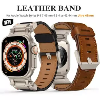 Кожаный ремешок для Apple Watch Ultra 2, 49 мм, 45 мм, 44 мм, ремешок для часов для iWatch Series 9, 8, 7, 6, 5 se 4, 42 мм, мужской браслет Correa For 42mm 44mm 45mm No Box чёрный