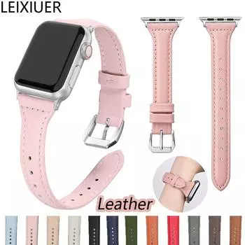 Кожаный ремешок для Apple Watch Ultra 49 мм 45 мм 41 мм 38 мм 42 мм 44 мм 40 мм мужской женский тонкий ремешок из натуральной кожи для iWatch серии 9 8 7 SE 6 5 4 3 2 1 38-40-41mm розовый