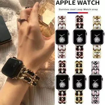 Кожаный ремешок из нержавеющей стали для Apple Watch, ремешок для часов Apple Watch Series 7 SE, 6, 5, 4, 3, 2 SE, 38 мм, 40 мм, 42 мм, 44 мм, 41 мм, 45 мм iWatch 38mm/40mm/41mm розовый/белый