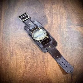 Кожаный ремешок Наручные часы в стиле стимпанк Латунный и кожаный браслет с компасом, идеально подходит для приключений, памятный подарок, подарок для приключений, подарок для кемпинга.