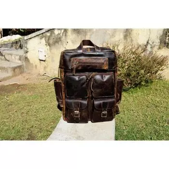 КОЖАНЫЙ РЮКЗАК РУЧНОЙ РАБОТЫ, кожаный рюкзак, латунная пряжка, кожаный рюкзак, дорожный рюкзак в винтажном стиле с индивидуальной гравировкой текста 17 x 12 x 5 in коричневый