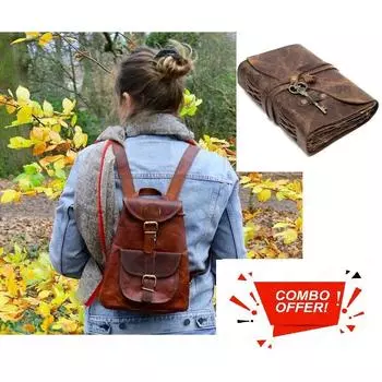 КОЖАНЫЙ РЮКЗАК ТРАДИЦИОННЫЙ Дизайн, ручная работа. С комбинированным кожаным дневником 11 x 9 x 5.5 in коричневый