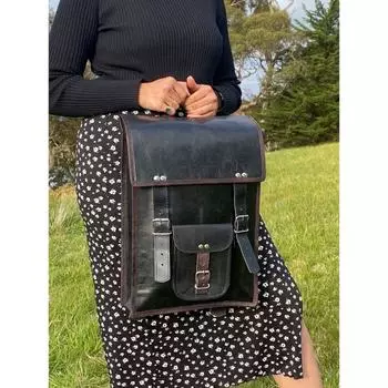 Кожаный рюкзак 16 дюймов | Черный рюкзак | 2 мягких отделения для ноутбука | Внутренняя подкладка | Удобный передний карман | 16 x 12 x 4 in чёрный