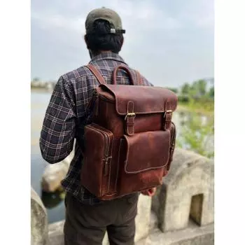 Кожаный рюкзак, Кожаный рюкзак ручной работы, Персонализированный кожаный рюкзак для ноутбука, Кожаный походный рюкзак, Кожаная походная сумка Мужчины Женщины 12 x 16 x 6 in коричневый