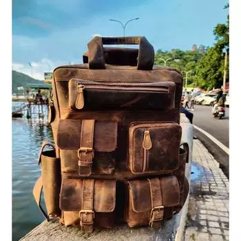 Кожаный рюкзак, рюкзак из кожи буйвола, многофункциональный рюкзак для мужчин и женщин, сумка для ноутбука, дорожный рюкзак для мужчин 16 x 12 x 5 in коричневый