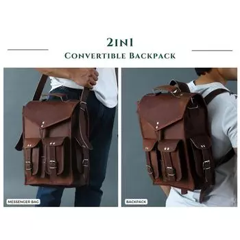 Кожаный рюкзак-трансформер 2 в 1 для ноутбука | Винтажный коричневый кожаный рюкзак для ноутбука | Кожаная сумка-мессенджер для ноутбука для мужчин и женщин 15 x 11 x 4.5 in коричневый