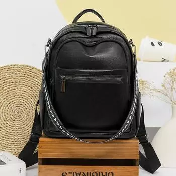 Кожаный рюкзак Женская сумка на молнии Маленький рюкзак Horizontal Zipper чёрный