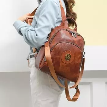 Кожаный рюкзак женская уличная дорожная сумка коричневый