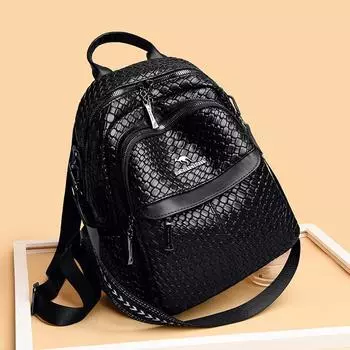 Кожаный рюкзак женский многослойный рюкзак большой вместимости дорожная школьная сумка чёрный