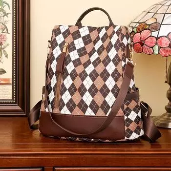 Кожаный рюкзак женский ромбовидный принт большой емкости дорожный школьный рюкзак розовый