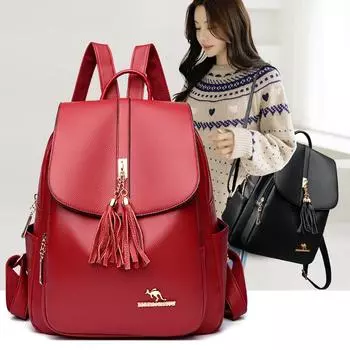 Кожаный рюкзак, женский рюкзак большой емкости с кисточками, женская дорожная сумка красный