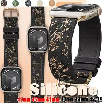Кожаный+силиконовый ремешок для Apple Watch Ultra 2/Ultra 49 мм 45 мм 44 мм 40 мм 41 мм глянцевый цветочный браслет iWatch Series 9 8 7 se 6 5 4 3 сменный ремешок 42mm 44mm 45mm 49mm синий