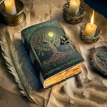 Кожаный скетчбук Дерево и Луна Кожаный журнал, Блокнот Кожаный дневник, Винтажный вид бумага ручной работы Журнал для записей, Книга теней Гримуар 7 x 5 in