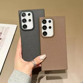 Кожаный текстурный чехол TPU Soft для телефона Samsung S24 S23 Fe S22 Ultra Plus ударопрочный тонкий квадратный чехол Samsung S24 чёрный