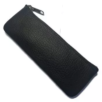 Кожаный тонкий пенал из натуральной кожи с YKK Ручная работа в Японии Усадка [Мастерская Сато] Чехол, Молния, (Черная обертка)