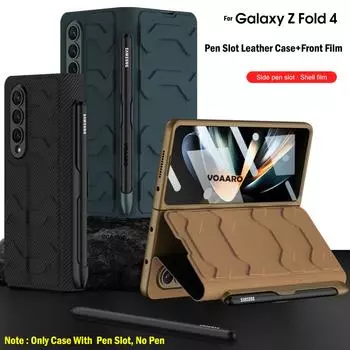 Кожаный защитный чехол для Samsung Galaxy Z Fold 4 5g, чехол с боковым слотом для ручек, передняя стеклянная пленка для Samsung Z Fold, чехол с 4 слотами для карт Only Case No Pen углеродного волокна черного
