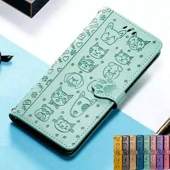 Кожаный защитный флип-чехол для Samsung Galaxy M12 A12 M14 A54 5G A04S M13 A32 A52 A14 A24 A34 A13 A23 A33 A53 A73 A05, чехол-кошелек с мотивом кошки и собаки Samsung S24 Ultra синий