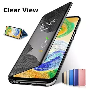 Кожаный зеркальный флип-чехол-книжка для Samsung Galaxy A04s A14 A54 A53 A33 A73 Xiaomi Redmi Note 12 11 Poco X5 iPhone 14 13 12 11 Pro Max Clear View Cover Samsung Galaxy A23 чёрный