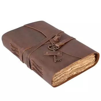 Кожаный журнал-Бумага ручной работы с рваным краем, кожаный винтажный блокнот с ключом ручной работы 7 x 5 in коричневый