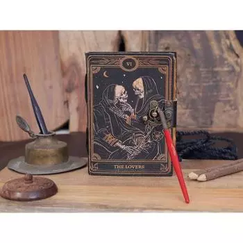 Кожаный журнал Deckle Edge Бумага Гримуар Печатный журнал Блокнот Таро Влюбленных Спираль Готический блокнот Книга заклинаний Череп Дневник любовника 7 x 5 in чёрный