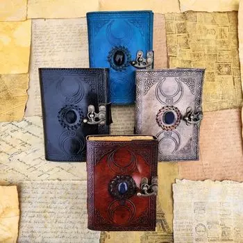 Кожаный журнал для путешествий в деревенском стиле с дизайном «Тройная луна» Настраиваемая бумага премиум-класса с замком C-Lock Идеальная идея для подарка 7 x 5 in