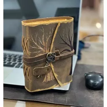 Кожаный журнал «Древо жизни» Антикварный бумажный гримуар ручной работы с декоративным краем 7 x 5 in коричневый