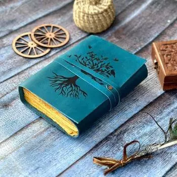 Кожаный журнал «Древо жизни», Блокнот небесно-голубого цвета в кожаном переплете, Бу для свадебного гостя 7 x 5 in синий