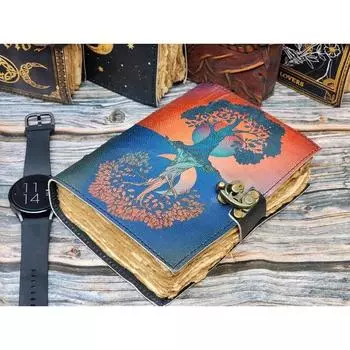 Кожаный журнал, Древо жизни, напечатанный в кожаном переплете. Пустые бумаги, Гримуар. 7 x 5 in