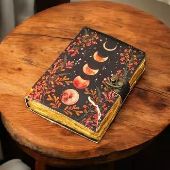 Кожаный журнал - Фазы Луны Винтажный кожаный журнал для мужчин и женщин, антикварная бумага ручной работы с неровным краем, отличная идея для подарка 7 x 5 in чёрный