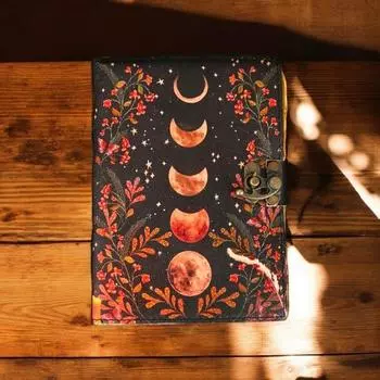 Кожаный журнал - Фазы Луны Винтажный кожаный журнал для мужчин и женщин, антикварная бумага ручной работы с неровным краем, отличная идея для подарка 7 x 5 in чёрный