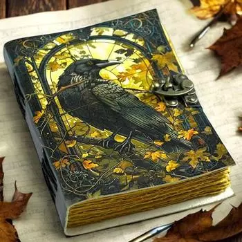 Кожаный журнал Готическая записная книжка Ворон Гримуар Принт - Винтажная книга теней ручной работы Журнал для колдовства Подарки для мужчин 7 x 5 in