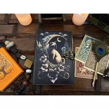 Кожаный журнал Гримуар Кот - Блокнот для эскизов - Книга теней - Журнал Ведьмы Викканский - Бумага ручной работы с рваным краем Подарки на Хэллоуин 7 x 5 in