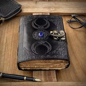 Кожаный журнал Lapis Stone Crystal Black Triple Moon Book Of Shadows, Бумажный блокнот с декольтированным краем, Гримуар, Пустая книга заклинаний, Сакральная геометрия