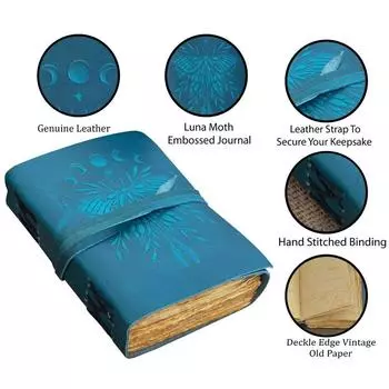 Кожаный журнал Luna Moth на заказ, бесплатная персонализация, 5 x 7 дюймов, без подкладки 7 x 5 in синий