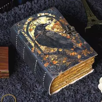 Кожаный журнал на 400 страниц Готический блокнот Принт «Ворон Гримуар» - Винтажная книга теней ручной работы Журнал для колдовства Подарки для мужчин 7 x 5 in