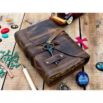 кожаный журнал, подарок для нее, подарок для него, блокнот или скетчбук, античный вид, бумага с рваным краем, Книга теней, лучшие подарочные журналы 7 x 5 in